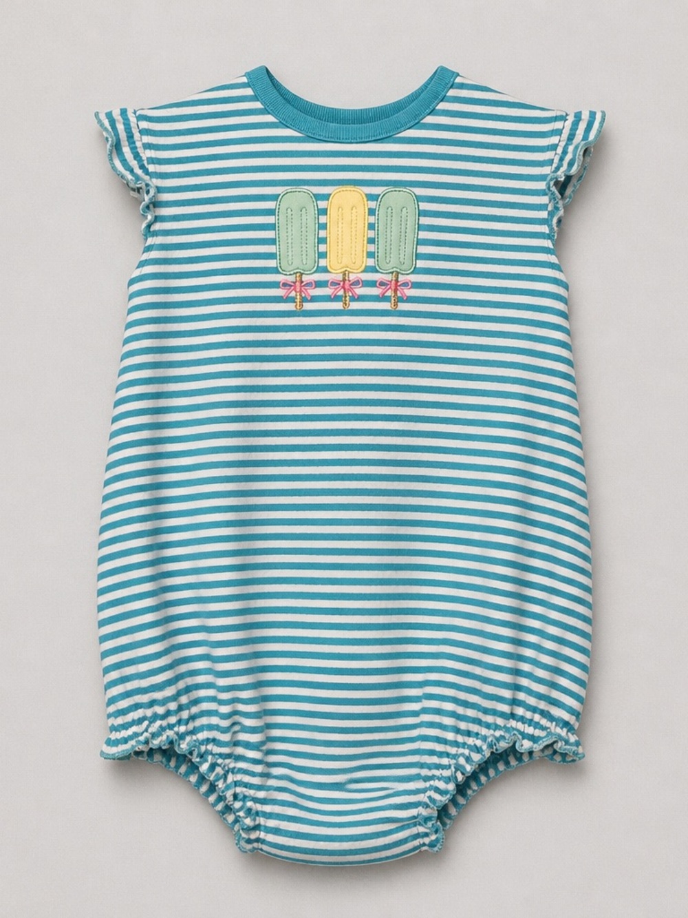 Little English blue and white stripe knit bugle romper with popsicle applique